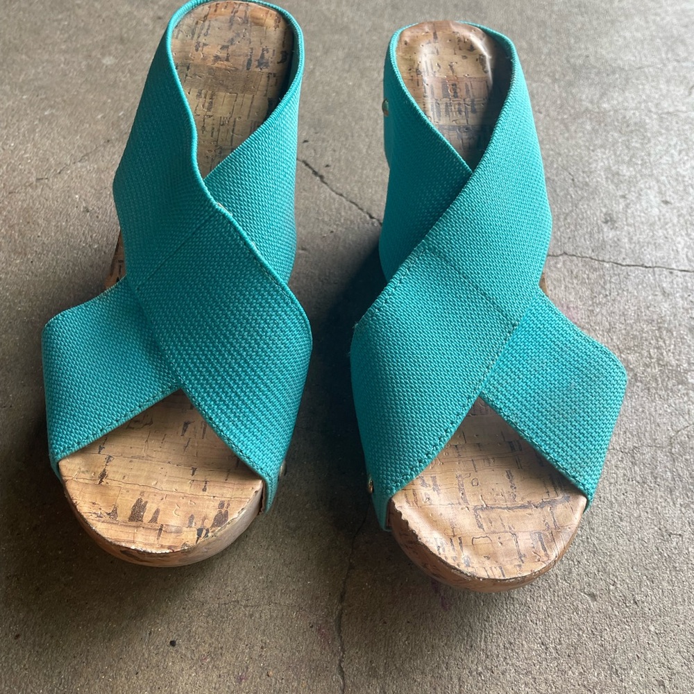 Montego Bay Club Blue Mules with Cork Wedge